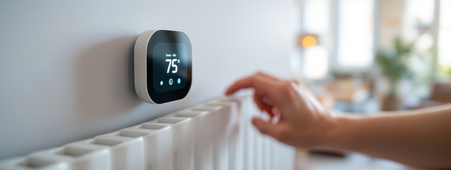 Smartes Heizkörperthermostat an einem Heizkörper im Wohnzimmer